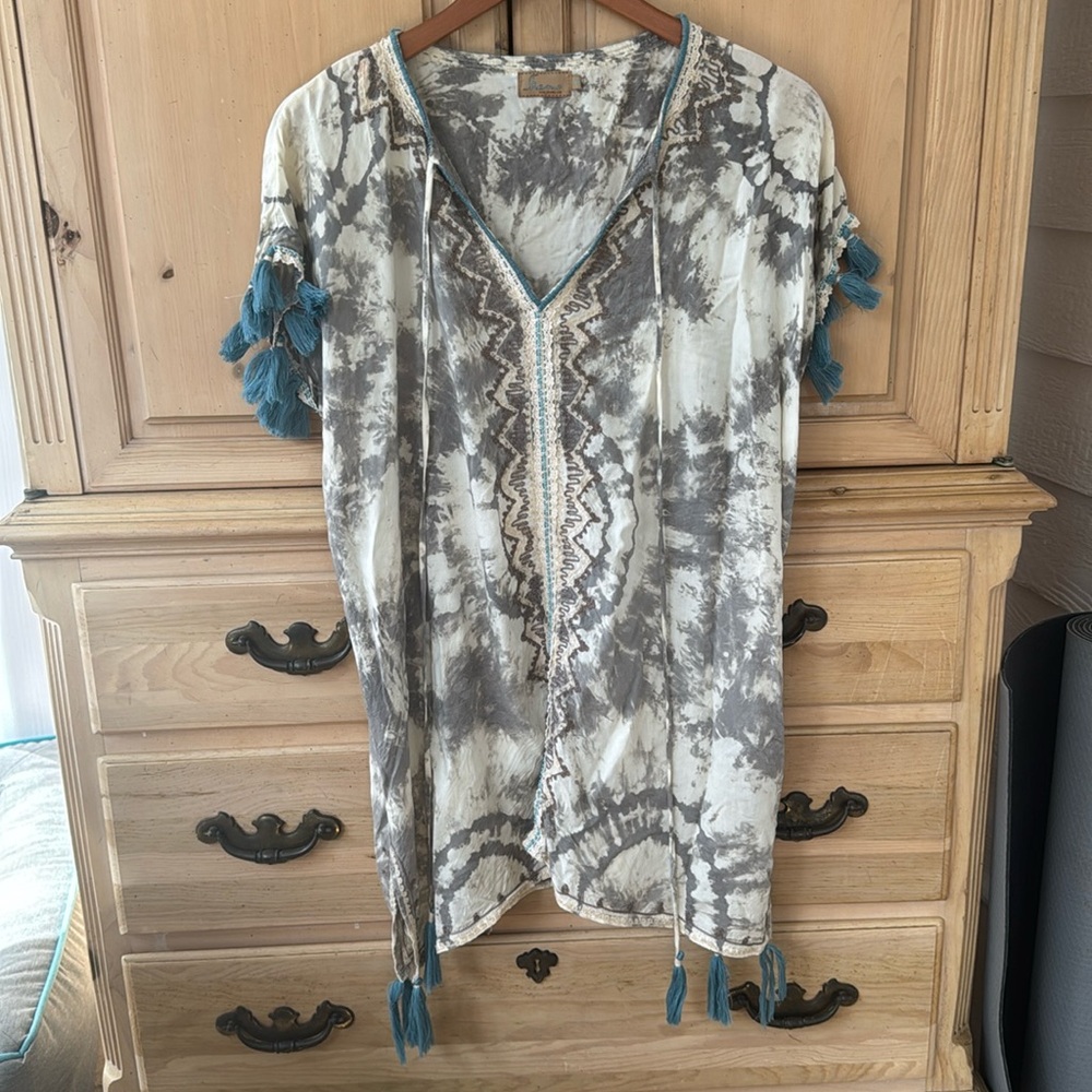 Skemo Boho beach coverup - cream & gray, blue tassels with embroidery & beading